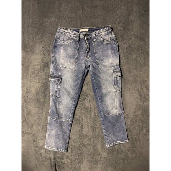 KanCan High Rise Cargo Jeans Womens Stone Wash Denim 33x25 Size 9 - Picture 1 of 6